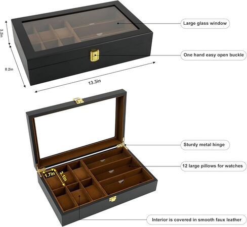 Watch Box,6 Watch 3 Slots Sunglasses Wooden Watch Organizer Box with Real Glass Top,Jewelry Storage Display Case for Men Father Husband Boy Friend in Kuwait