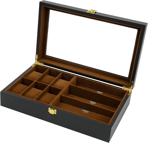 Watch Box,6 Watch 3 Slots Sunglasses Wooden Watch Organizer Box with Real Glass Top,Jewelry Storage Display Case for Men Father Husband Boy Friend in Kuwait