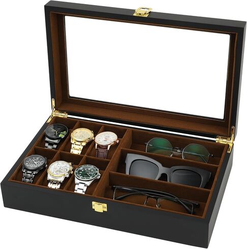 Watch Box,6 Watch 3 Slots Sunglasses Wooden Watch Organizer Box with Real Glass Top,Jewelry Storage Display Case for Men Father Husband Boy Friend in Kuwait
