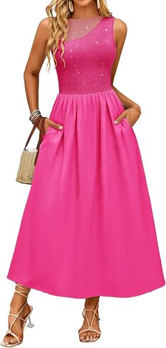 BeryLove One Shoulder Midi Casual Matching Sparkle Sheer Mesh Dress with Pockets in Kuwait