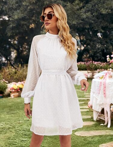 Women Wedding Guest Dress High Neck Sheer Dresses Fall Long Sleeve Swiss Dot Party Mini Dress with Belts in Saudi Arabia