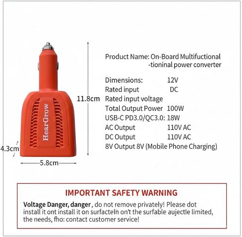 محول طاقة السيارة 100 وات، محول قابس مخرج تيار متردد من 12 فولت إلى 110 فولت، 18 وات USB-C PD & QC 3.0 منافذ شحن سريعة، محول سيارة لاسلكي صغير للغاية لأجهزة الكمبيوتر المحمول والكمبيوتر اللوحي والهواتف الذكية - برتقالي in Kuwait