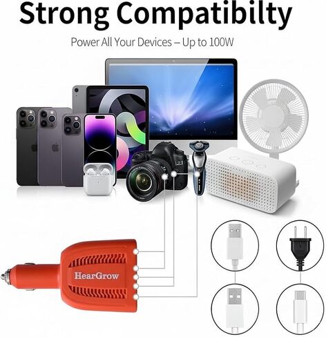 محول طاقة السيارة 100 وات، محول قابس مخرج تيار متردد من 12 فولت إلى 110 فولت، 18 وات USB-C PD & QC 3.0 منافذ شحن سريعة، محول سيارة لاسلكي صغير للغاية لأجهزة الكمبيوتر المحمول والكمبيوتر اللوحي والهواتف الذكية - برتقالي in Kuwait