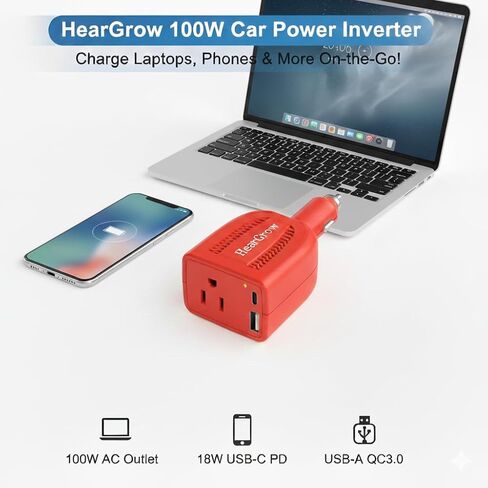 محول طاقة السيارة 100 وات، محول قابس مخرج تيار متردد من 12 فولت إلى 110 فولت، 18 وات USB-C PD & QC 3.0 منافذ شحن سريعة، محول سيارة لاسلكي صغير للغاية لأجهزة الكمبيوتر المحمول والكمبيوتر اللوحي والهواتف الذكية - برتقالي in Kuwait