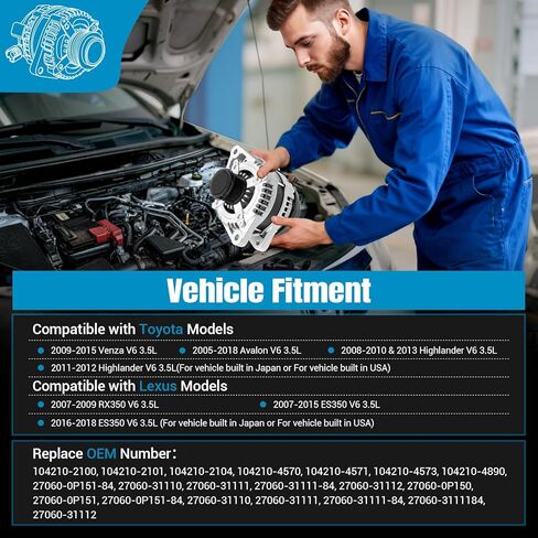 27060-31110 مولد جديد متوافق مع 07-18 لكزس ES350 3.5L V6/07-09 لكزس RX350 3.5L V6/05-18 تويوتا أفالون 3.5L V6/08-13 تويوتا هايلاندر 3.5L V6 مولد السيارات 104210-2100 11137N in Saudi Arabia