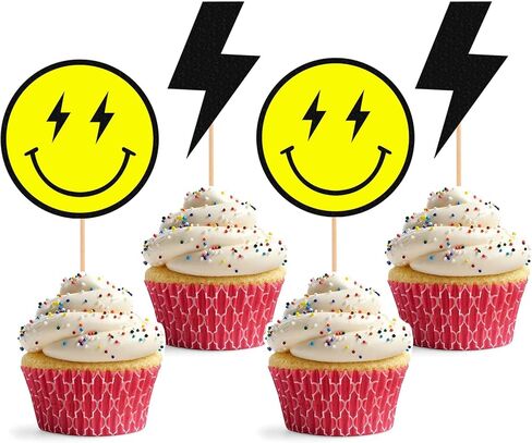 One Happy Dude Cupcake Topper - 24Pack Yellow Smiling Face and Black Lightning Cupcake Picks, 1st Birthday Party Cupcake Decor in Kuwait