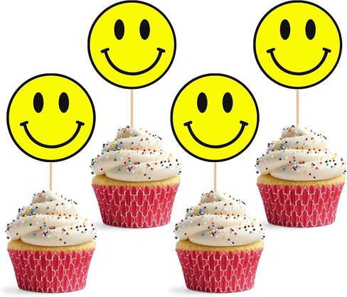 واحد Happy Dude Cupcake Topper - 24pack الوجه الأصفر المبتسم واختيار Cupcake الأسود البرق ، ديكور كب كيك عيد ميلاد الأول in Kuwait