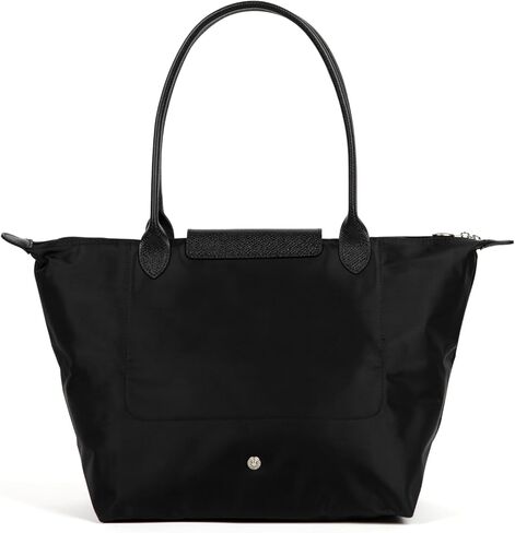 Fashionable Women Nylon Tote Bag | Genuine Leather Trimmings | Water Resistant | Foldable | Lightweight | Snap Button | Zip Closure | 2 Flat Inside Pockets (Pure Black) in Saudi Arabia