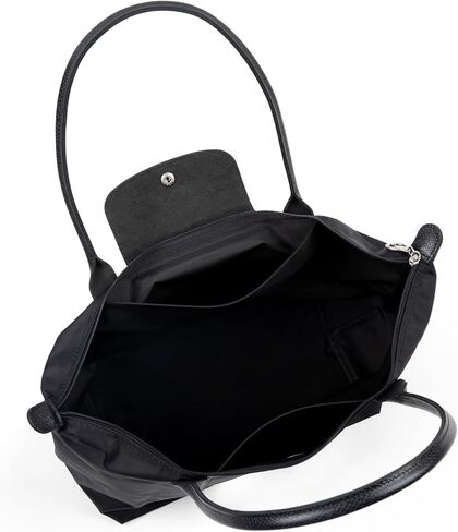 Fashionable Women Nylon Tote Bag | Genuine Leather Trimmings | Water Resistant | Foldable | Lightweight | Snap Button | Zip Closure | 2 Flat Inside Pockets (Pure Black) in Saudi Arabia