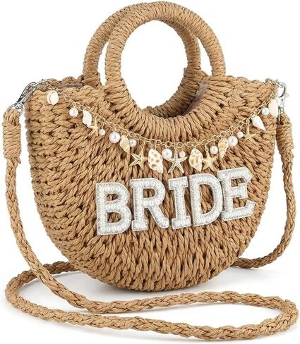Bride Straw Bag Bride Purse with Shell Pearl Straw Shoulder Bag Handwoven Beach Purses Charms Bridal Shower Gifts Woven Handbag Rattan Purse for Bachelorette Party Wedding Bridesmaids Gifts in Kuwait