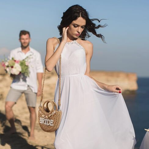 Bride Straw Bag Bride Purse with Shell Pearl Straw Shoulder Bag Handwoven Beach Purses Charms Bridal Shower Gifts Woven Handbag Rattan Purse for Bachelorette Party Wedding Bridesmaids Gifts in Kuwait