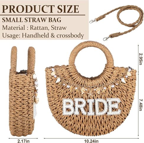 Bride Straw Bag Bride Purse with Shell Pearl Straw Shoulder Bag Handwoven Beach Purses Charms Bridal Shower Gifts Woven Handbag Rattan Purse for Bachelorette Party Wedding Bridesmaids Gifts in Kuwait