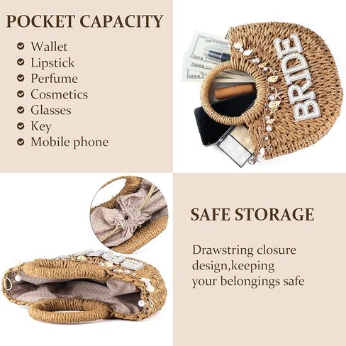 Bride Straw Bag Bride Purse with Shell Pearl Straw Shoulder Bag Handwoven Beach Purses Charms Bridal Shower Gifts Woven Handbag Rattan Purse for Bachelorette Party Wedding Bridesmaids Gifts in Kuwait