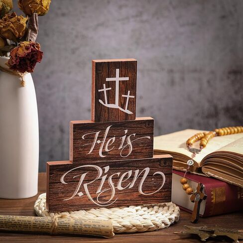 He Is Risen Easter Tiered Tray Decor 3Pcs Christian Wooden Signs Religious Easter Decorations Table Centerpiece Gifts for Home Kitchen Mantel Shelf Farmhouse Decor in Saudi Arabia