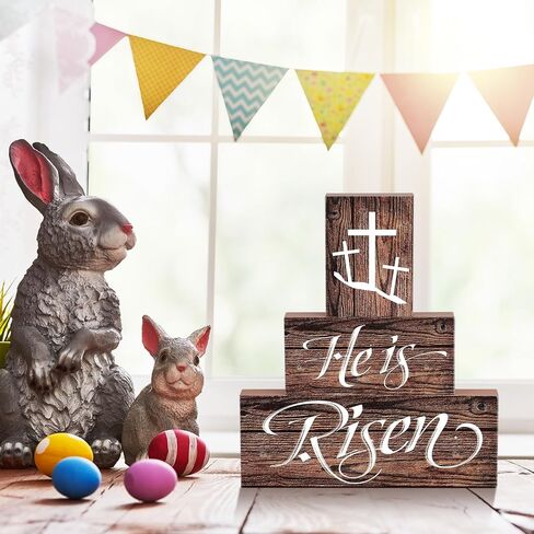 He Is Risen Easter Tiered Tray Decor 3Pcs Christian Wooden Signs Religious Easter Decorations Table Centerpiece Gifts for Home Kitchen Mantel Shelf Farmhouse Decor in Saudi Arabia