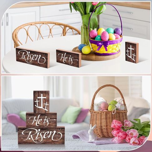 He Is Risen Easter Tiered Tray Decor 3Pcs Christian Wooden Signs Religious Easter Decorations Table Centerpiece Gifts for Home Kitchen Mantel Shelf Farmhouse Decor in Saudi Arabia