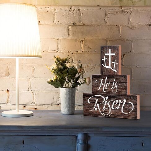 He Is Risen Easter Tiered Tray Decor 3Pcs Christian Wooden Signs Religious Easter Decorations Table Centerpiece Gifts for Home Kitchen Mantel Shelf Farmhouse Decor in Saudi Arabia