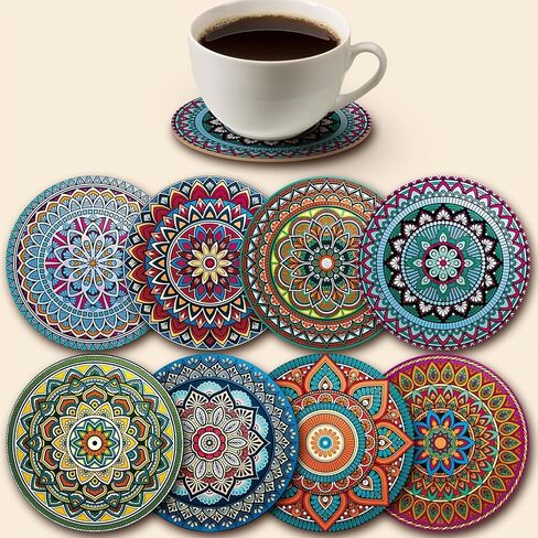 8-Piece Heat Resistant Non-Slip Coasters with Mandala Design, Colorful Drink Mats for Coffee Table, Decorative Cup Holders for Home Kitchen Dining Room in Saudi Arabia