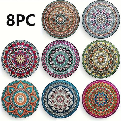 8-Piece Heat Resistant Non-Slip Coasters with Mandala Design, Colorful Drink Mats for Coffee Table, Decorative Cup Holders for Home Kitchen Dining Room in Saudi Arabia