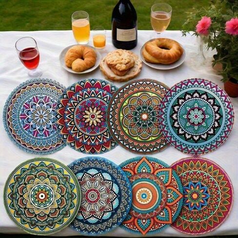 8-Piece Heat Resistant Non-Slip Coasters with Mandala Design, Colorful Drink Mats for Coffee Table, Decorative Cup Holders for Home Kitchen Dining Room in Saudi Arabia