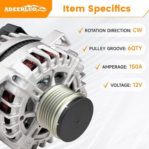 مولد كهربائي عالي الإخراج لسيارة Hyundai Sonata 2014 Santa Fe 2013-2016 لسيارة Kia Optima 2014-2015 Sorento 2012-2014 150Amp 12V CW 6-Groove Pulley 37300-2G800 37300-2G850 in Kuwait