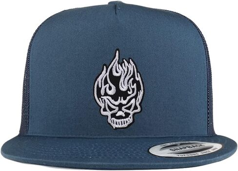 Trendy Apparel Shop Flaming Black White Skull Patch 5 Panel Flatbill Trucker Cap in Saudi Arabia