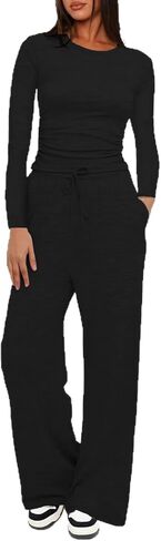 Women’s 2-Piece Long-Sleeve Loungewear Set, Fitted Top & Wide-Leg Pants for Daily Wear, Casual Gatherings in Saudi Arabia
