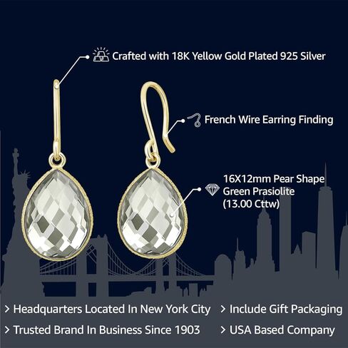 Gem Stone King 13.00 Cttw Green Prasiolite Dangle Earrings For Women | 18K Yellow Gold Plated Silver | Gemstone Birthstone | Pear Shape 16X12MM in Kuwait