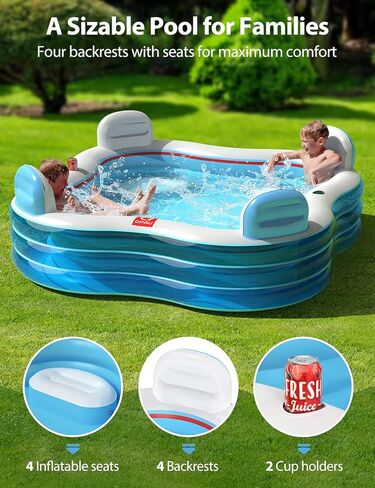 QPAU Inflatable Swimming Pool, Full-Sized Blow Up Pool with Seats and Backrests, Kiddie Pool for Outdoor & Backyard, for Family Summer Time Fun, Cyan in Kuwait