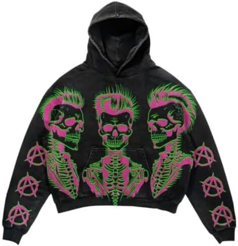 سترة Y2K هيب هوب كلاسيكية بغطاء للرأس، بلوفر رياضي على الموضة مطبوع عليه حروف جمجمة، ملابس هاراجوكو للزوجين in Kuwait