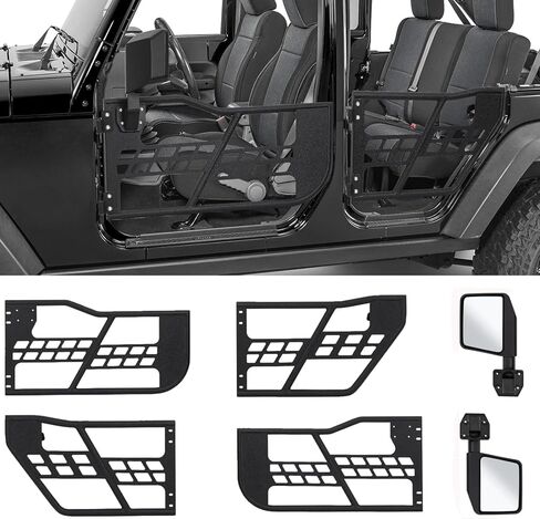 أبواب درب أنبوبي للطرق الوعرة مع مرآة رؤية جانبية متوافقة مع 2018-2026 Wrangler JL JLU & Gladiator JT 4 أبواب - مجموعة من 4 أبواب نصف أنبوبية سميكة للمغامرة in Kuwait