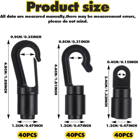 120 Pcs Bungee Shock Cord Hooks, 3 Type Plastic Terminal Ends Hook for 1/4 Inch to 5/16 Inch Cord, S Open, Bendy and Straight Hooks for Kayak, Marine, Camping in Kuwait