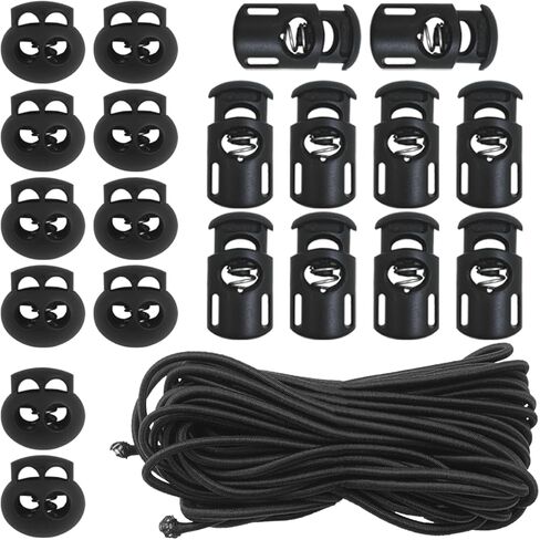20 PCS Plastic Cord Locks & 50 ft Elastic Bungee Cord, SourceTon 10 PCS Single-Hole, 10 PCS Double-Hole ABS Spring Toggles with 5/32" Elastic Shock Cord for Backpacks, Luggage (Black) in Kuwait