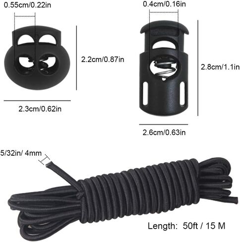 20 PCS Plastic Cord Locks & 50 ft Elastic Bungee Cord, SourceTon 10 PCS Single-Hole, 10 PCS Double-Hole ABS Spring Toggles with 5/32" Elastic Shock Cord for Backpacks, Luggage (Black) in Kuwait