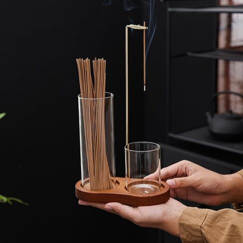 Wooden Incense Stick Holder, Dual Glass Cylinders for Anti-Ash Flying and Incense Sticks Storage, Upside Down Incense Stick Burner for Yoga, Spa, Meditation & Room Décor in Kuwait
