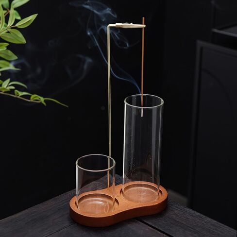 Wooden Incense Stick Holder, Dual Glass Cylinders for Anti-Ash Flying and Incense Sticks Storage, Upside Down Incense Stick Burner for Yoga, Spa, Meditation & Room Décor in Kuwait