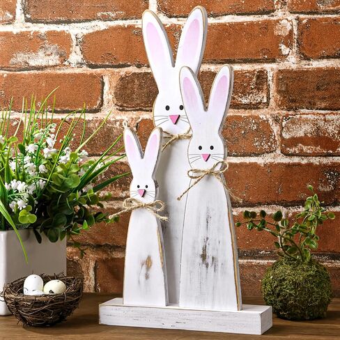 Easter Decorations: 3pcs Rustic Easter Bunny Table Signs with Pink Noses and Ears Happy Hippity Hop Wooden Signs Easter Decor Farmhouse Tiered Tray Decor Easter Decor for The Home Office in Kuwait