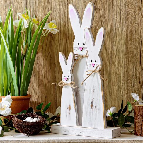 Easter Decorations: 3pcs Rustic Easter Bunny Table Signs with Pink Noses and Ears Happy Hippity Hop Wooden Signs Easter Decor Farmhouse Tiered Tray Decor Easter Decor for The Home Office in Kuwait