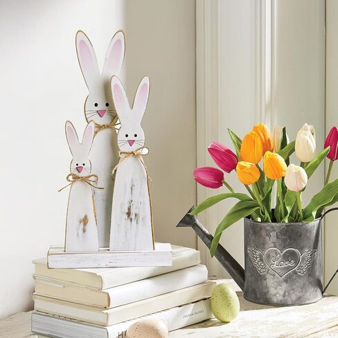 Easter Decorations: 3pcs Rustic Easter Bunny Table Signs with Pink Noses and Ears Happy Hippity Hop Wooden Signs Easter Decor Farmhouse Tiered Tray Decor Easter Decor for The Home Office in Kuwait