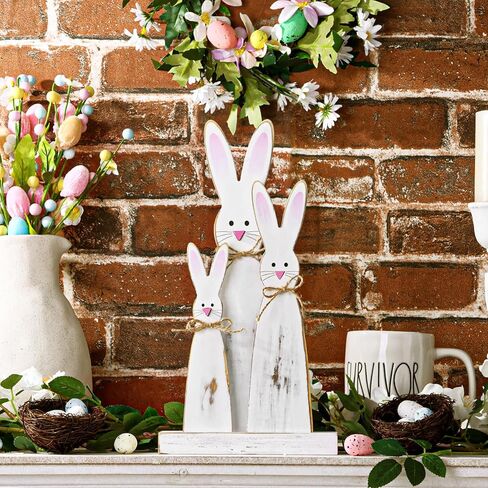 Easter Decorations: 3pcs Rustic Easter Bunny Table Signs with Pink Noses and Ears Happy Hippity Hop Wooden Signs Easter Decor Farmhouse Tiered Tray Decor Easter Decor for The Home Office in Kuwait