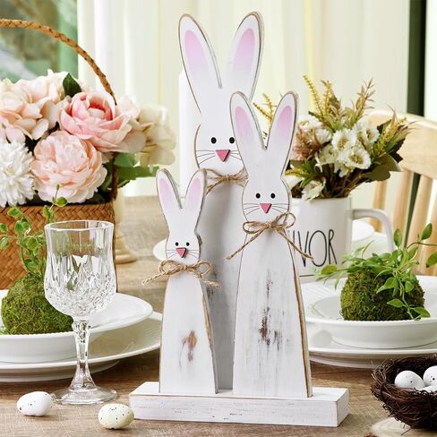 Easter Decorations: 3pcs Rustic Easter Bunny Table Signs with Pink Noses and Ears Happy Hippity Hop Wooden Signs Easter Decor Farmhouse Tiered Tray Decor Easter Decor for The Home Office in Kuwait