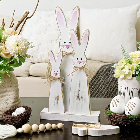 Easter Decorations: 3pcs Rustic Easter Bunny Table Signs with Pink Noses and Ears Happy Hippity Hop Wooden Signs Easter Decor Farmhouse Tiered Tray Decor Easter Decor for The Home Office in Kuwait