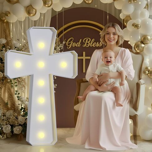 imprsv 3FT Light Up Cross for Baptism Decorations for Girl Boy, Large Marquee Cross for Mi Bautizo Decorations, Big Marquee Mosaic Frame for Baptism First Holy Communion Confirmation Party Decor in Kuwait