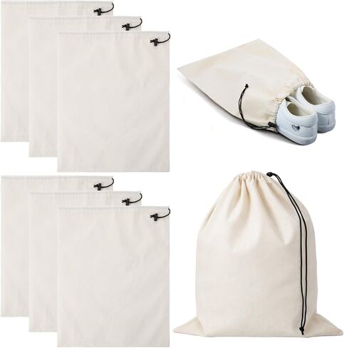 6 عبوات من حقائب الأحذية القطنية للسفر والتخزين - أكياس برباط مقاومة للغبار مقاس 17.7 × 13.8 بوصة، منظمات قطنية قابلة للغسل وإعادة الاستخدام (بيج) in Kuwait