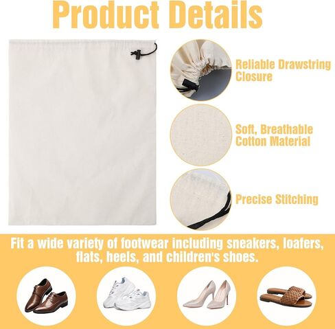 6 عبوات من حقائب الأحذية القطنية للسفر والتخزين - أكياس برباط مقاومة للغبار مقاس 17.7 × 13.8 بوصة، منظمات قطنية قابلة للغسل وإعادة الاستخدام (بيج) in Kuwait