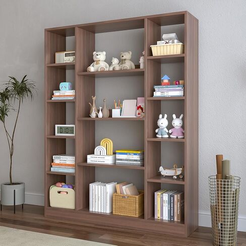 Cube Storage Bookcase with Base - Large Wooden Bookshelf with 10 Open Cubes and 4 Shelves for Home and Office, Freestanding Organizer, Walnut in Saudi Arabia