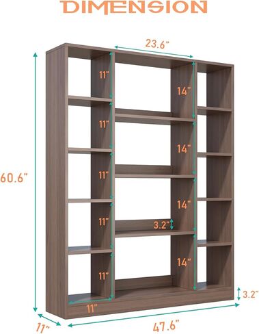 Cube Storage Bookcase with Base - Large Wooden Bookshelf with 10 Open Cubes and 4 Shelves for Home and Office, Freestanding Organizer, Walnut in Saudi Arabia