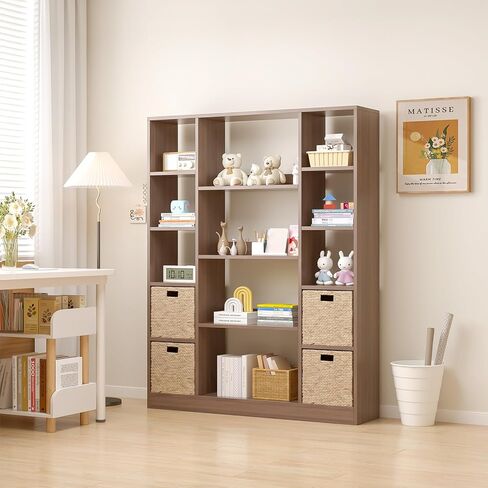 Cube Storage Bookcase with Base - Large Wooden Bookshelf with 10 Open Cubes and 4 Shelves for Home and Office, Freestanding Organizer, Walnut in Saudi Arabia