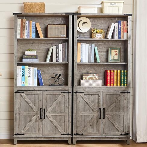 70in Tall Bookshelf 5 Tier Bookcase with Barn Doors and Adjustable Shelves, Blue Farmhouse Book Shelf with Storage Cabinet, Wood Freestanding Display Bookshelves for Bedroom, Living Room | Bookcase, Barn Doors, Adjustable Shelves, Book Shelf, Storage Cabi in Kuwait