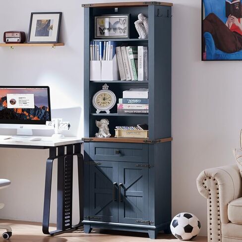 72in Tall Bookshelf 7 Tier Bookcase with Drawer and Barn Doors and Adjustable Shelves, Blue Farmhouse Book Shelf with Storage Cabinet, Wood Freestanding Display Bookshelves for Living Room in Kuwait